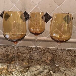 Large Amber Gold Balloon Wine Glasses With Clear Stems Set of 3 -9.5” high.